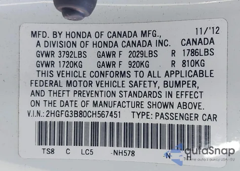 2012 Honda Civic Ex from USA, damaged, VIN 2HGFG3B80CH567451